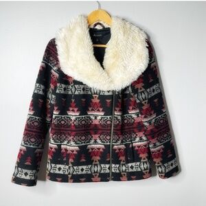 Ella Moss Anthropologie Coat Southwestern Motif Faux Fur Collar Winter Black